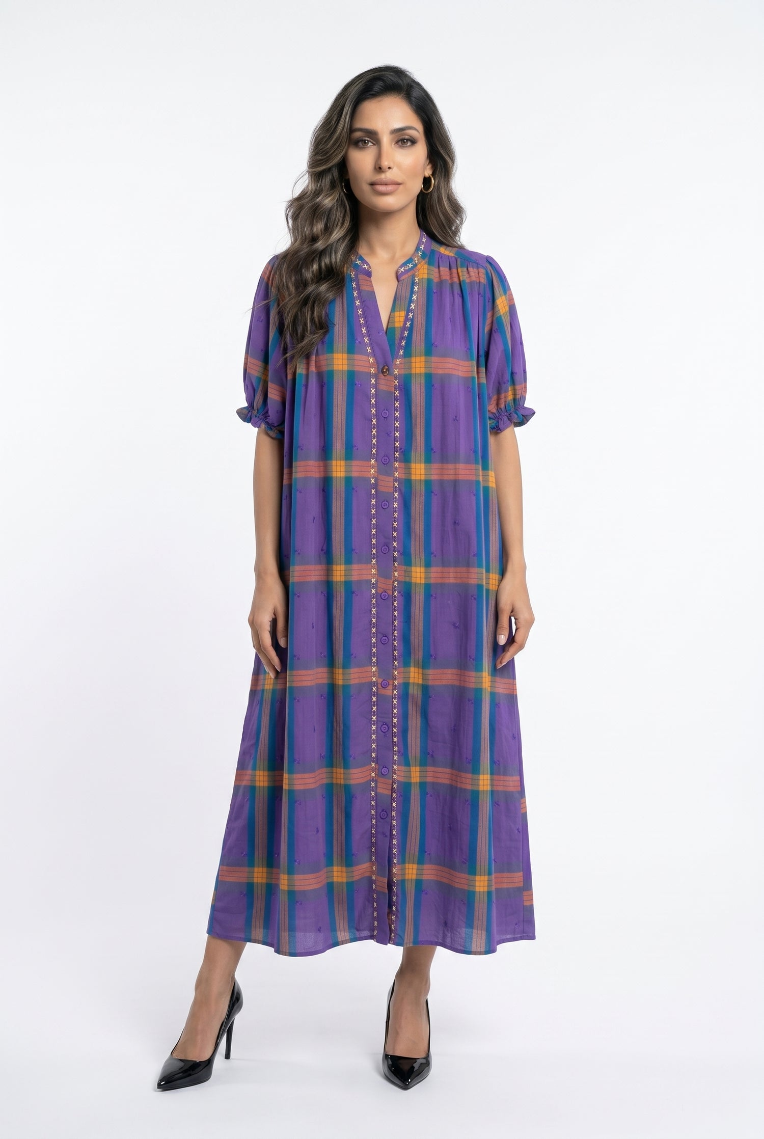 Mae Carreaux Plaid Patterned Long Dress فستان طويل بنقشة مربعات - Brown Loft