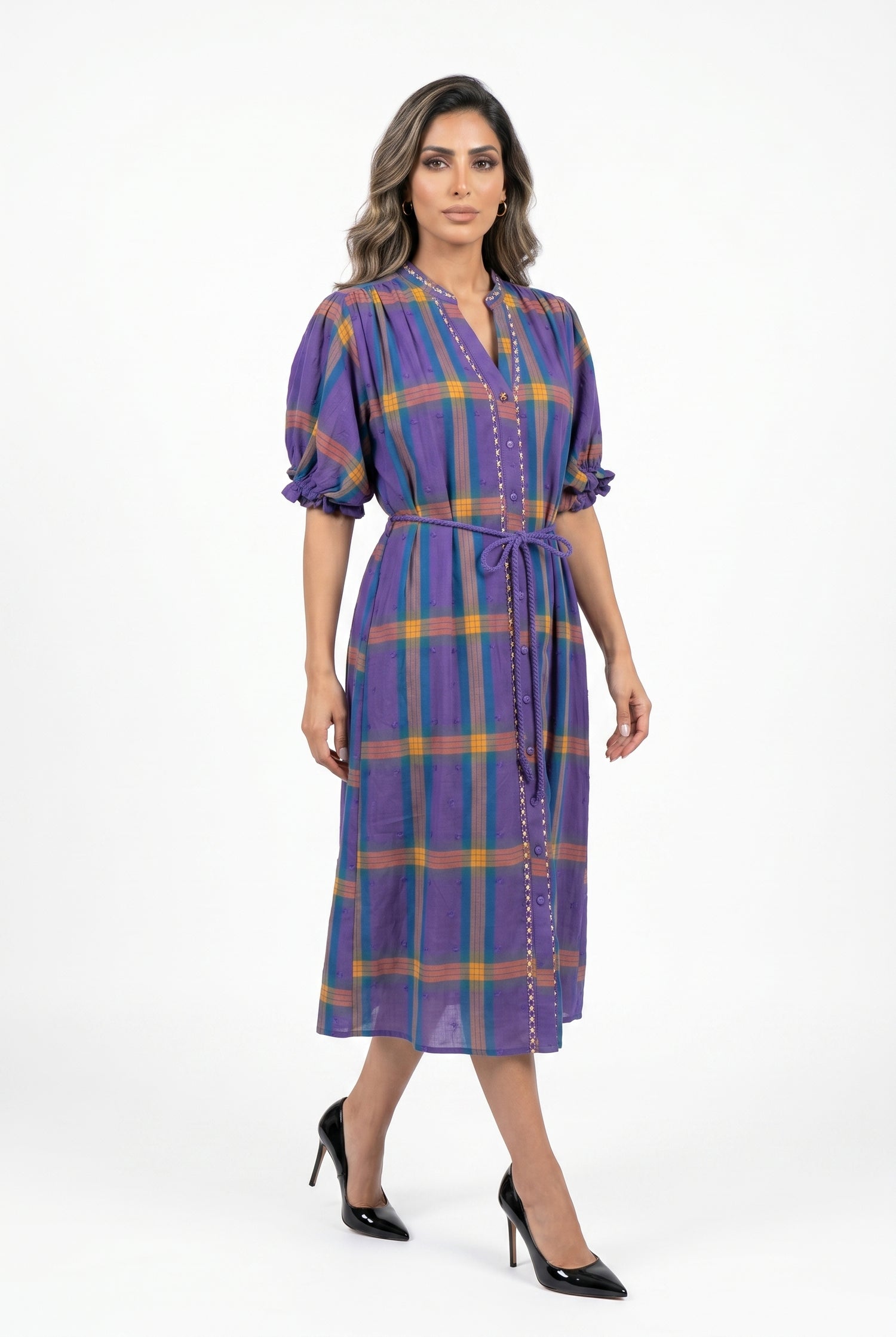 Mae Carreaux Plaid Patterned Long Dress فستان طويل بنقشة مربعات - Brown Loft
