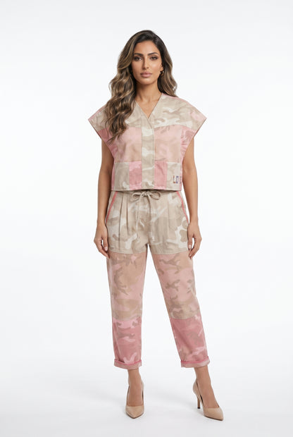 Iris Camouflage Patterned Oversized Sleeveless Jacket جاكيت بدون أكمام بنقشة مموهة وواسع - Brown Loft