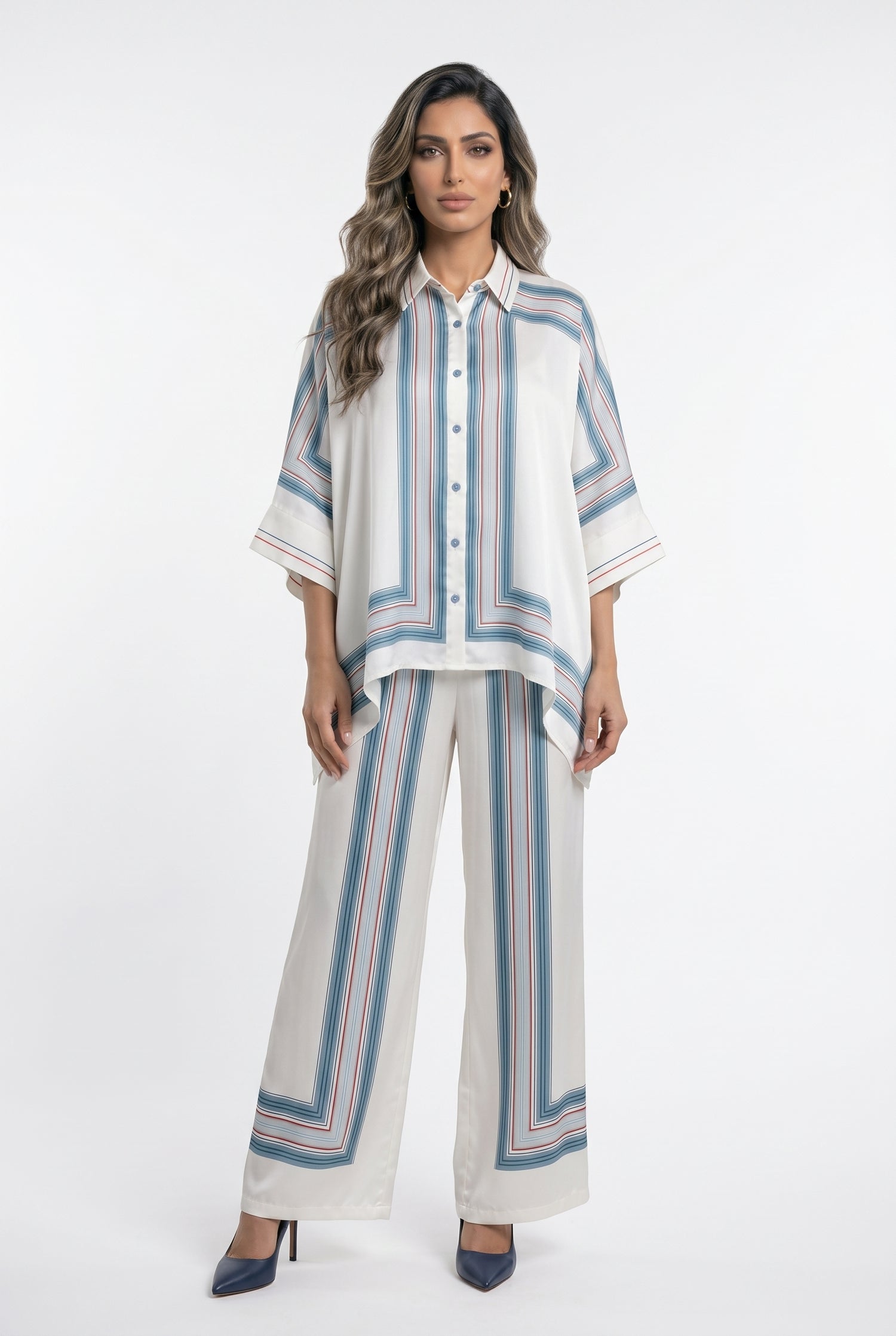 KD8871/9099-7 Ticking Stripe Satin Cape Shirt and Pants قميص وبنطال من الساتان المخطط - Brown Loft