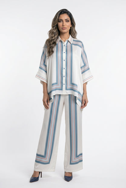 KD8871/9099-7 Ticking Stripe Satin Cape Shirt and Pants قميص وبنطال من الساتان المخطط - Brown Loft