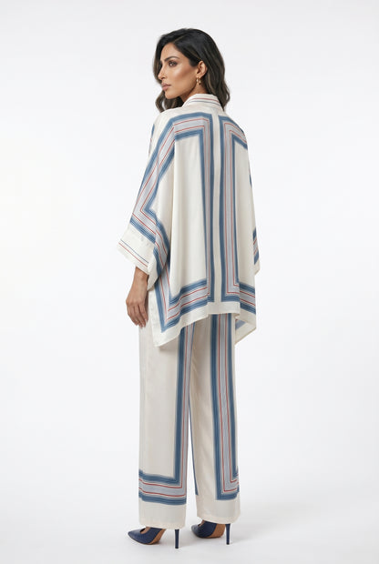 KD8871/9099-7 Ticking Stripe Satin Cape Shirt and Pants قميص وبنطال من الساتان المخطط - Brown Loft