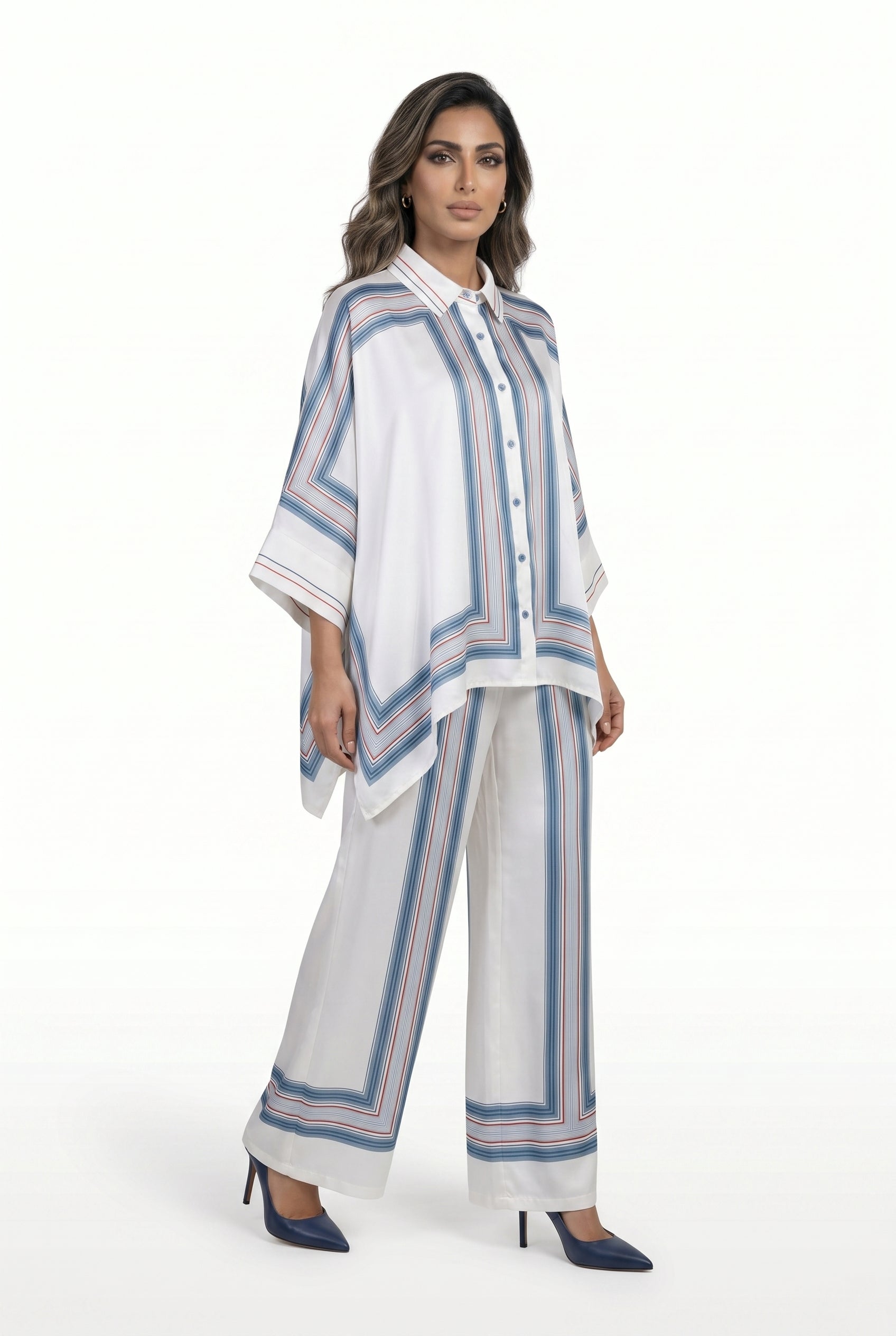 KD8871/9099-7 Ticking Stripe Satin Cape Shirt and Pants قميص وبنطال من الساتان المخطط - Brown Loft