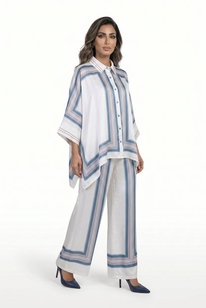 KD8871/9099-7 Ticking Stripe Satin Cape Shirt and Pants قميص وبنطال من الساتان المخطط - Brown Loft