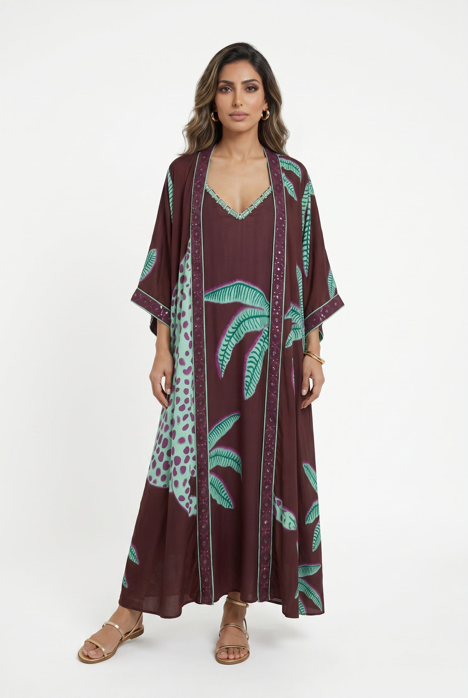LS2616022/2004 Palm Print Strap Dress and Cardigan فستان بحزام مطبوع بأشكال النخيل وكارديغان - Brown Loft