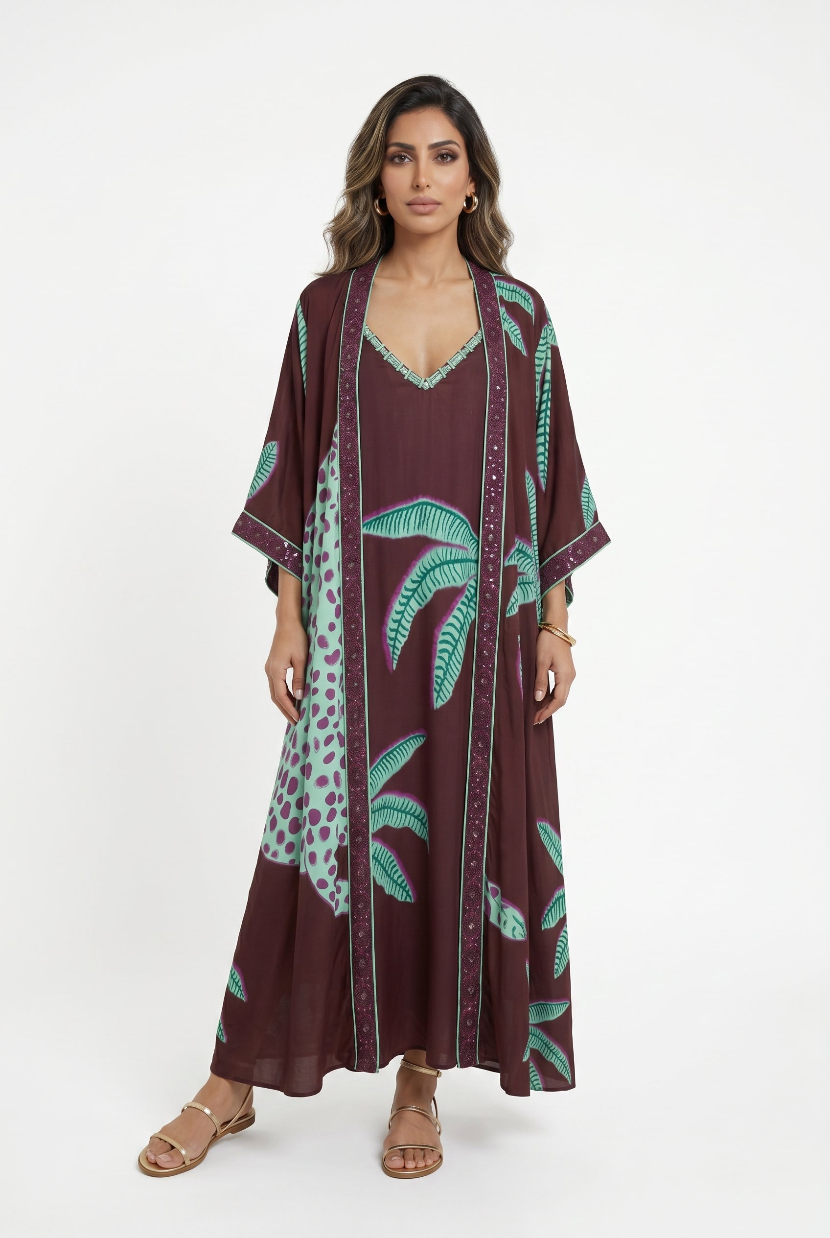 LS2616022/2004 Palm Print Strap Dress and Cardigan فستان بحزام مطبوع بأشكال النخيل وكارديغان - Brown Loft