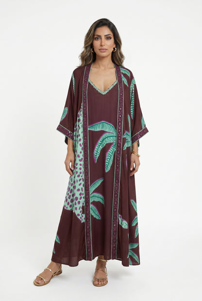 LS2616022/2004 Palm Print Strap Dress and Cardigan فستان بحزام مطبوع بأشكال النخيل وكارديغان - Brown Loft