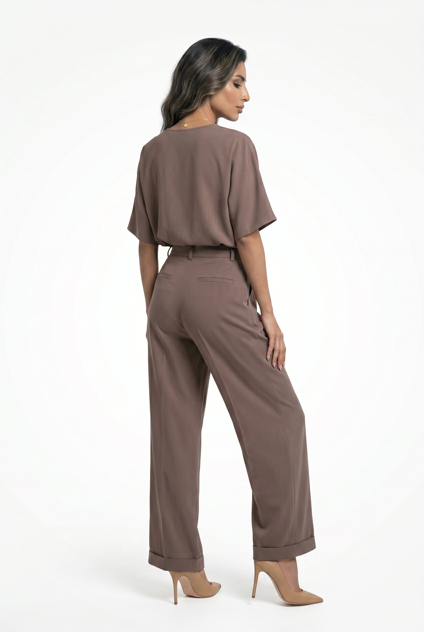 63-2121/5046 V Neck Top and Pleated Pants - Brown Loft