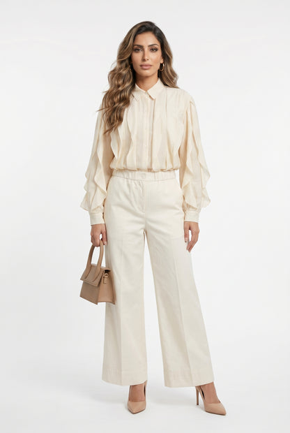 MJ261960 Ruffled Sheer Sculpted Oversized Shirt قميص شفاف منحوت كبير الحجم مع كشكشة - Brown Loft
