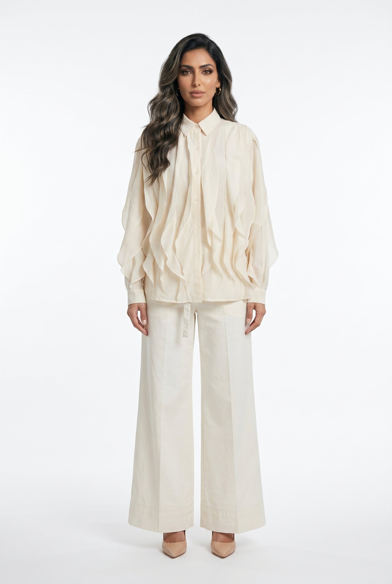 MJ261960 Ruffled Sheer Sculpted Oversized Shirt قميص شفاف منحوت كبير الحجم مع كشكشة - Brown Loft