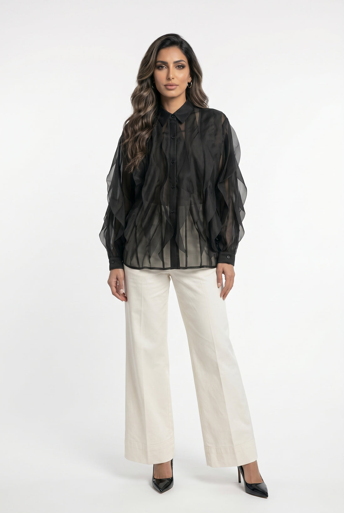 MJ261960 Nero Ruffled Sheer Sculpted Shirt قميص شفاف مكشكش ومنقوش - Brown Loft