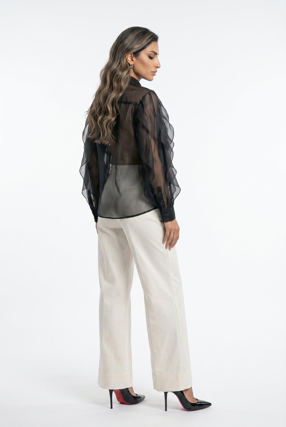 MJ261960 Nero Ruffled Sheer Sculpted Shirt قميص شفاف مكشكش ومنقوش - Brown Loft