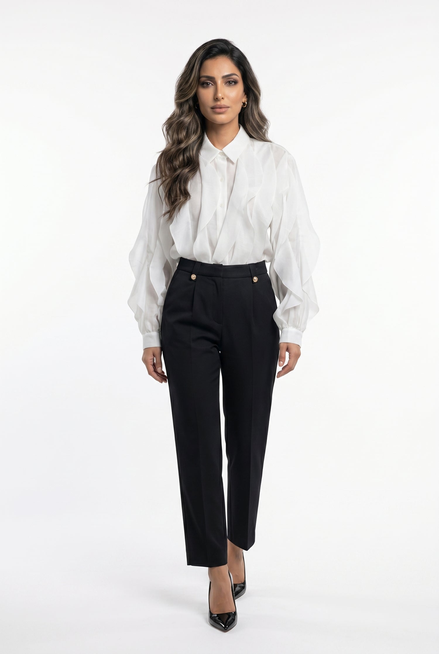 MJ261960 Ruffled Sheer Sculpted Oversized Shirt قميص شفاف منحوت كبير الحجم مع كشكشة - Brown Loft