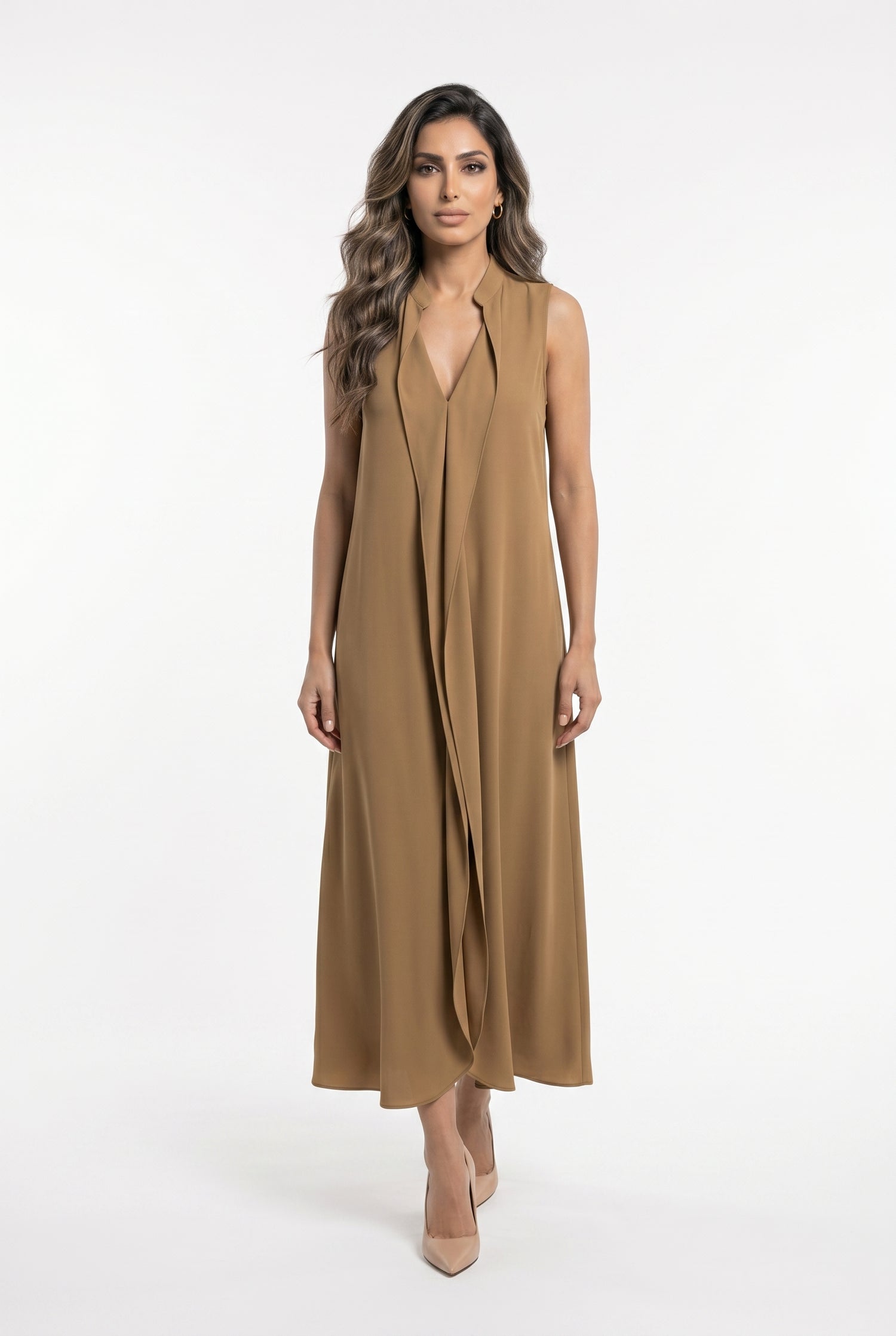 63-3321 Sleeveless Dress with Ruffles - Brown Loft