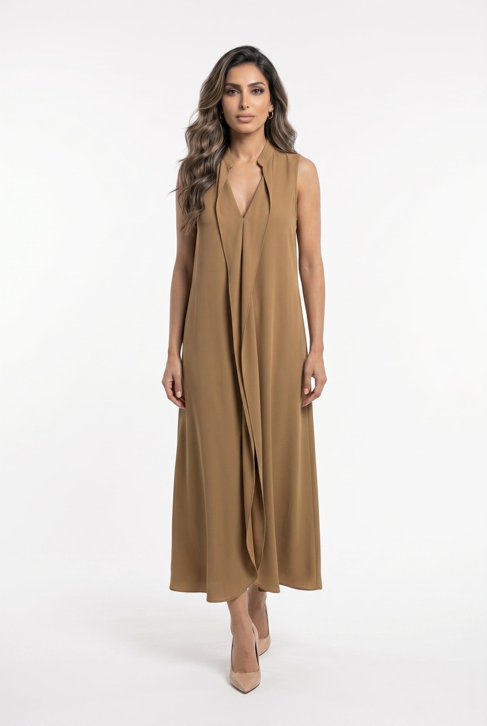 63-3321 Sleeveless Dress with Ruffles - Brown Loft