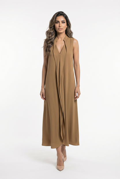 63-3321 Sleeveless Dress with Ruffles - Brown Loft