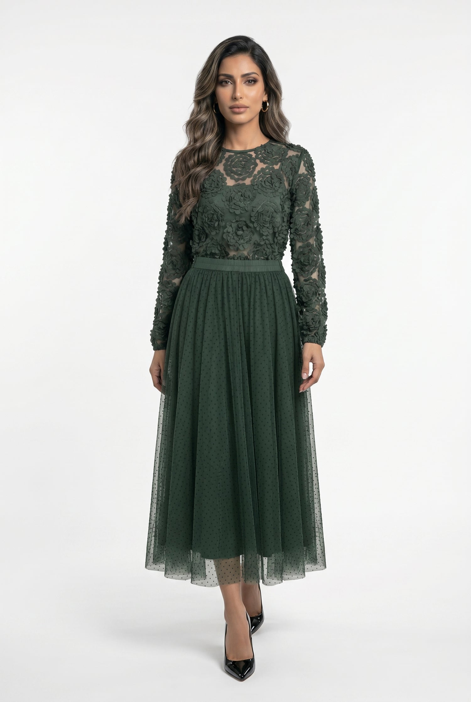 CK08022 Boat Neckline Floral Applique Sheer Tulle Top