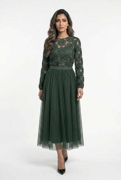 CK08022 Boat Neckline Floral Applique Sheer Tulle Top