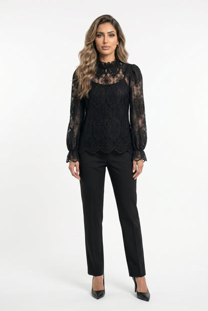 81048 Mock Neck Collared Sheer Floral Lace Top