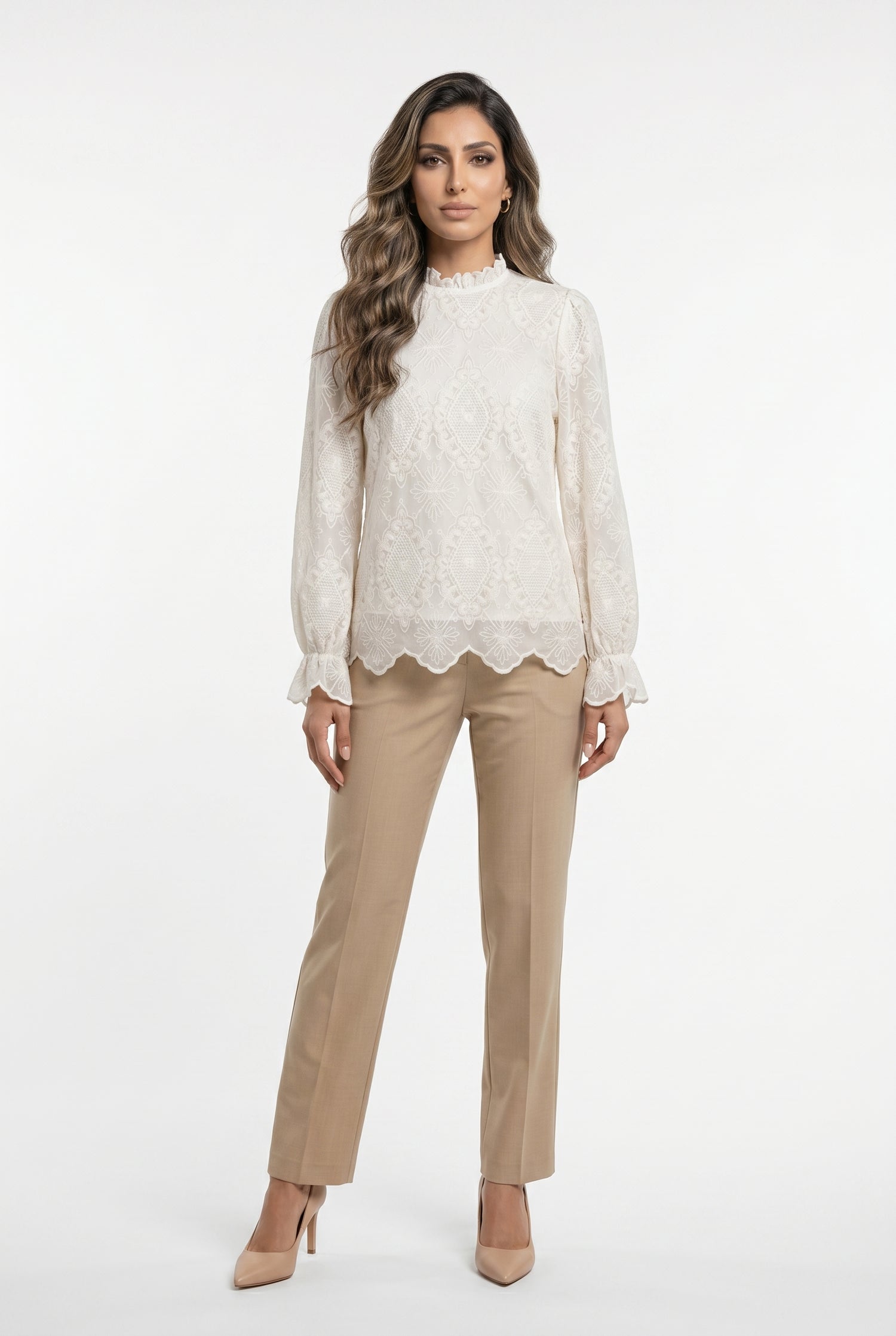 81048 Mock Neck Collared Sheer Floral Lace Top