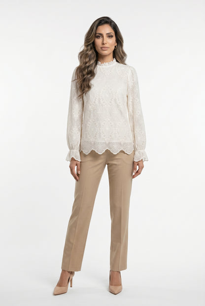 81048 Mock Neck Collared Sheer Floral Lace Top