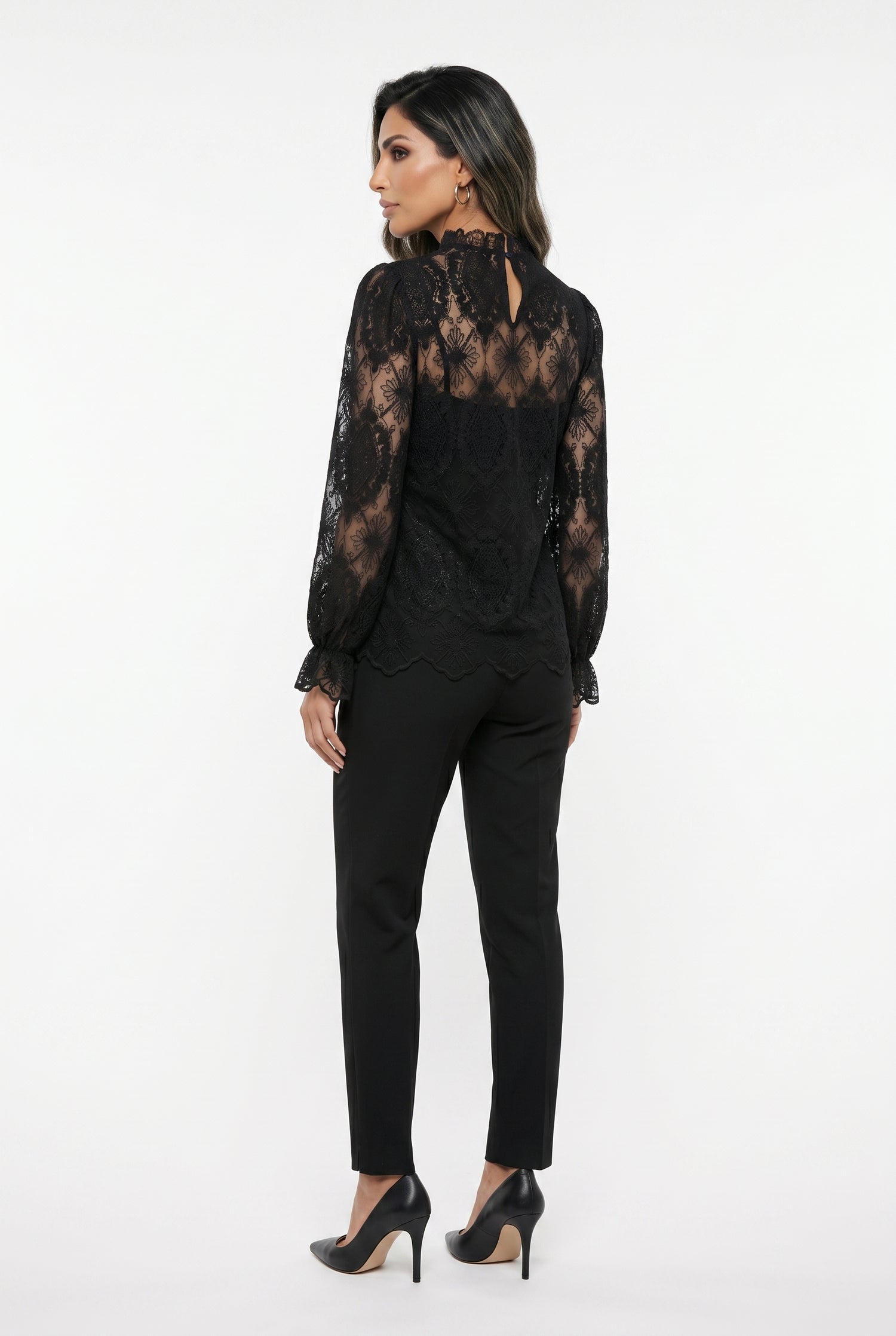 81048 Mock Neck Collared Sheer Floral Lace Top