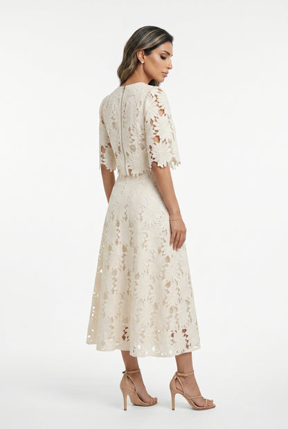 81071/72 Round Neck Floral Lace Crop Top and Lared Silhouette Skirt Set
