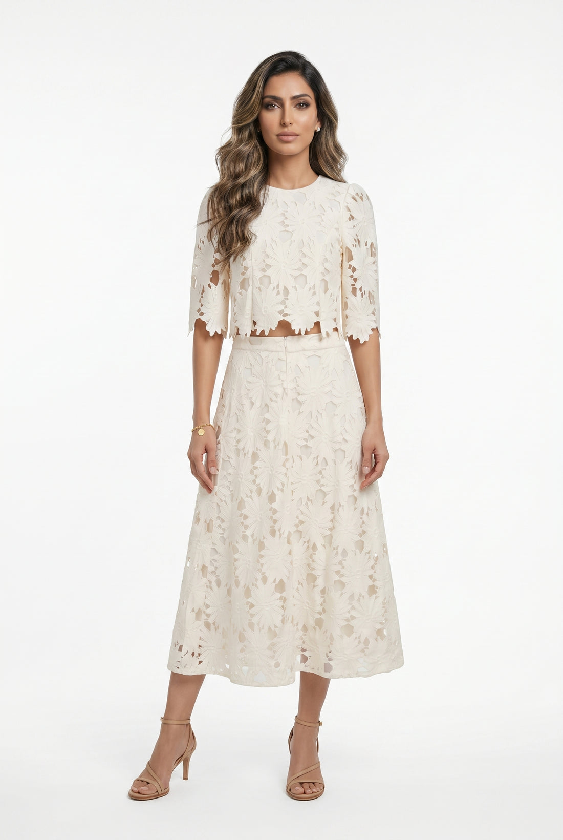 81071/72 Round Neck Floral Lace Crop Top and Lared Silhouette Skirt Set
