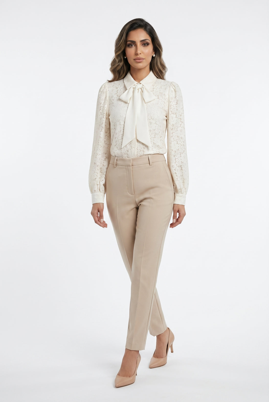 Floral Lace Semi Sheer Shirt with Detachable Bow Tie CK08395