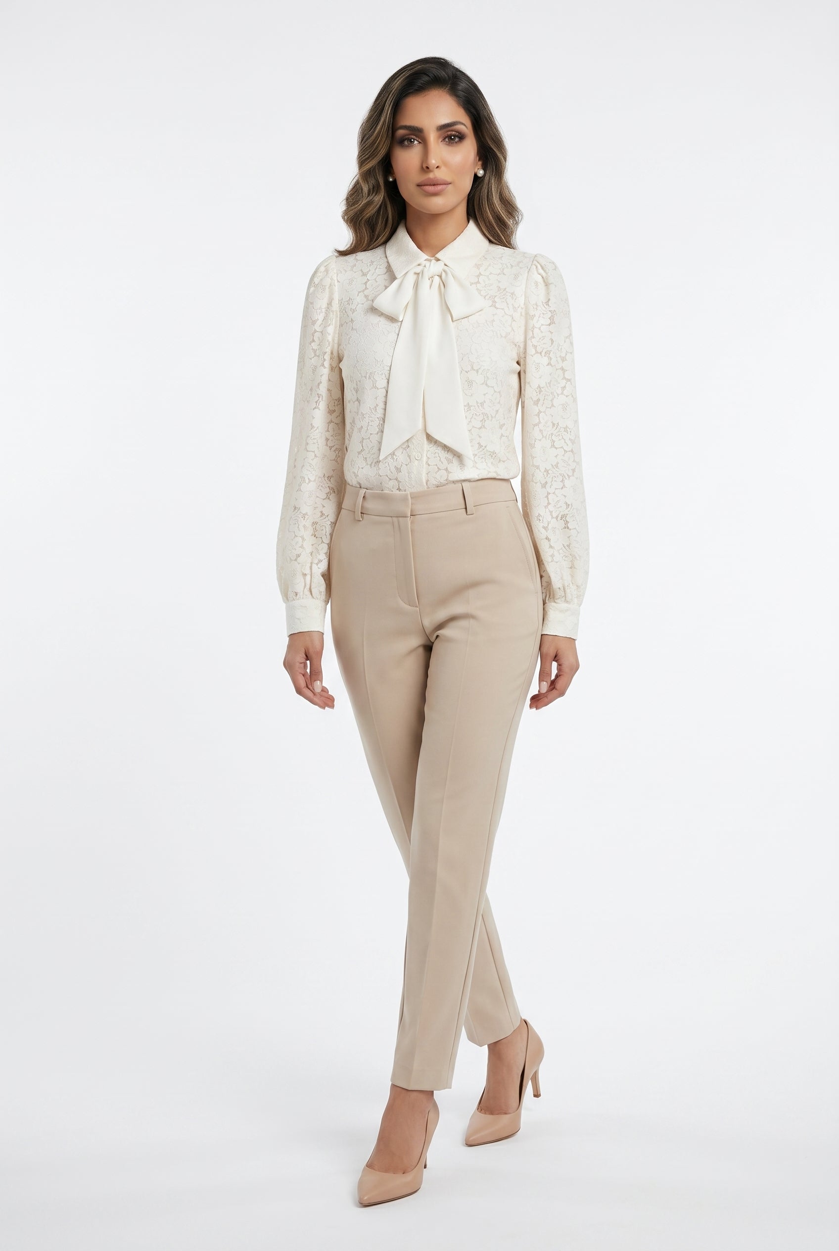 Floral Lace Semi Sheer Shirt with Detachable Bow Tie CK08395
