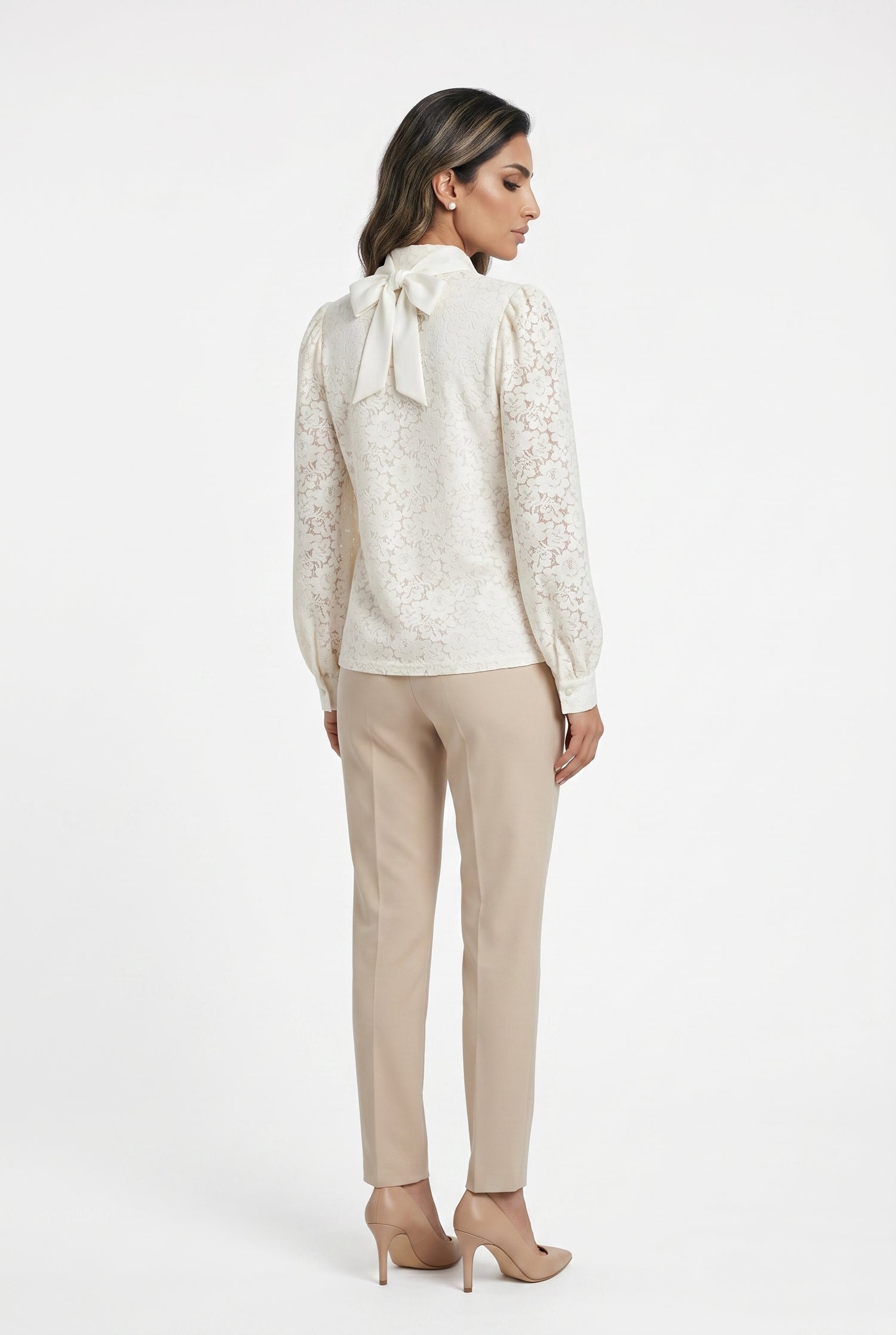 Floral Lace Semi Sheer Shirt with Detachable Bow Tie CK08395