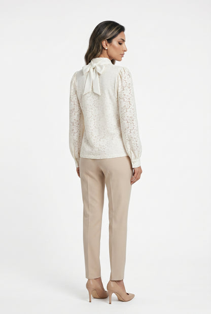 Floral Lace Semi Sheer Shirt with Detachable Bow Tie CK08395