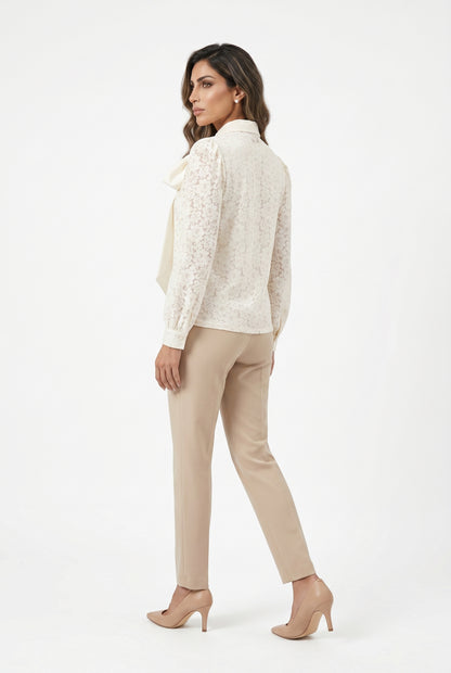 Floral Lace Semi Sheer Shirt with Detachable Bow Tie CK08395