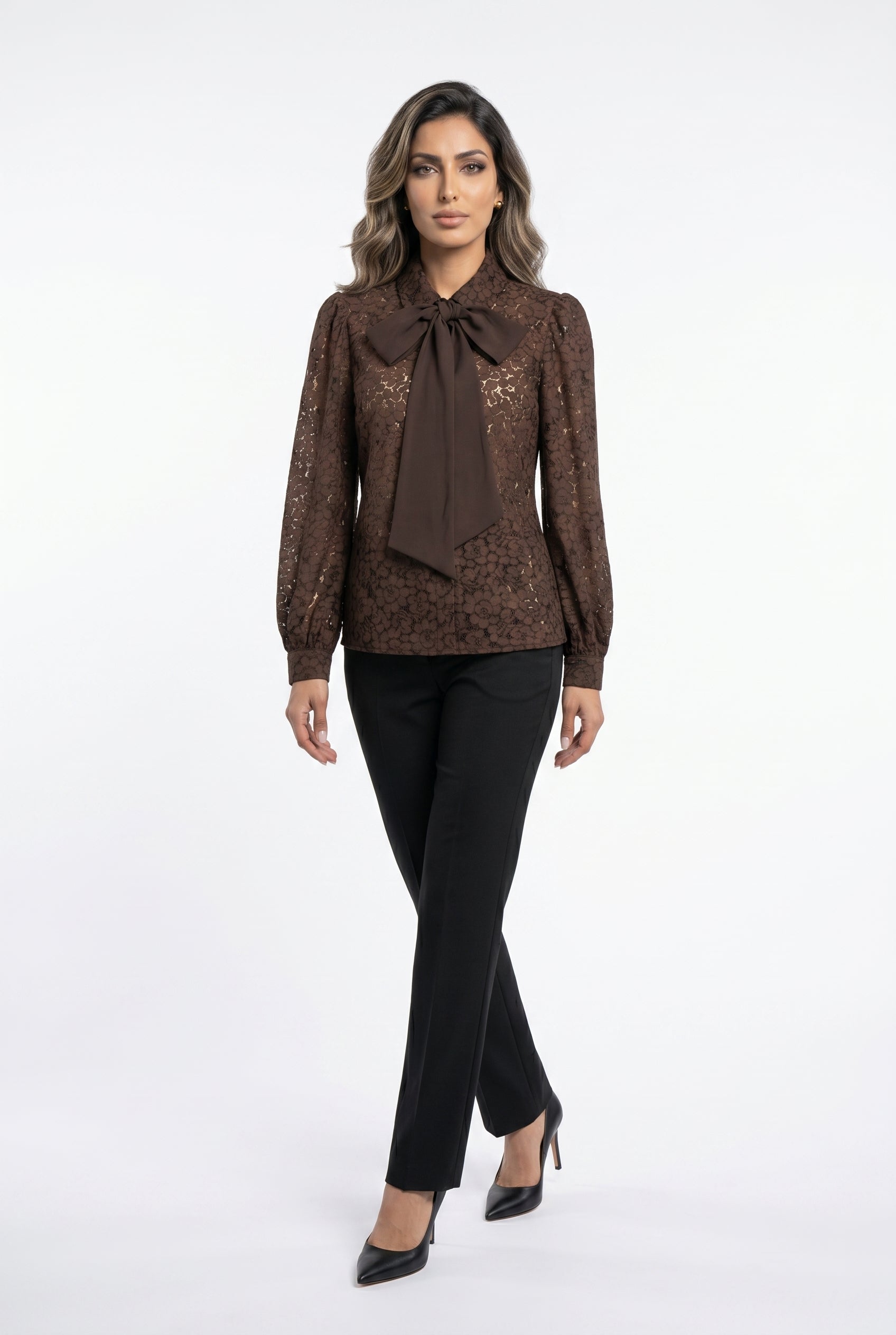 Floral Lace Semi Sheer Shirt with Detachable Bow Tie CK08395