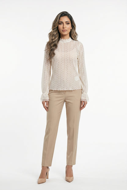 Tulle Trim Semi Sheer Lace Top 80942