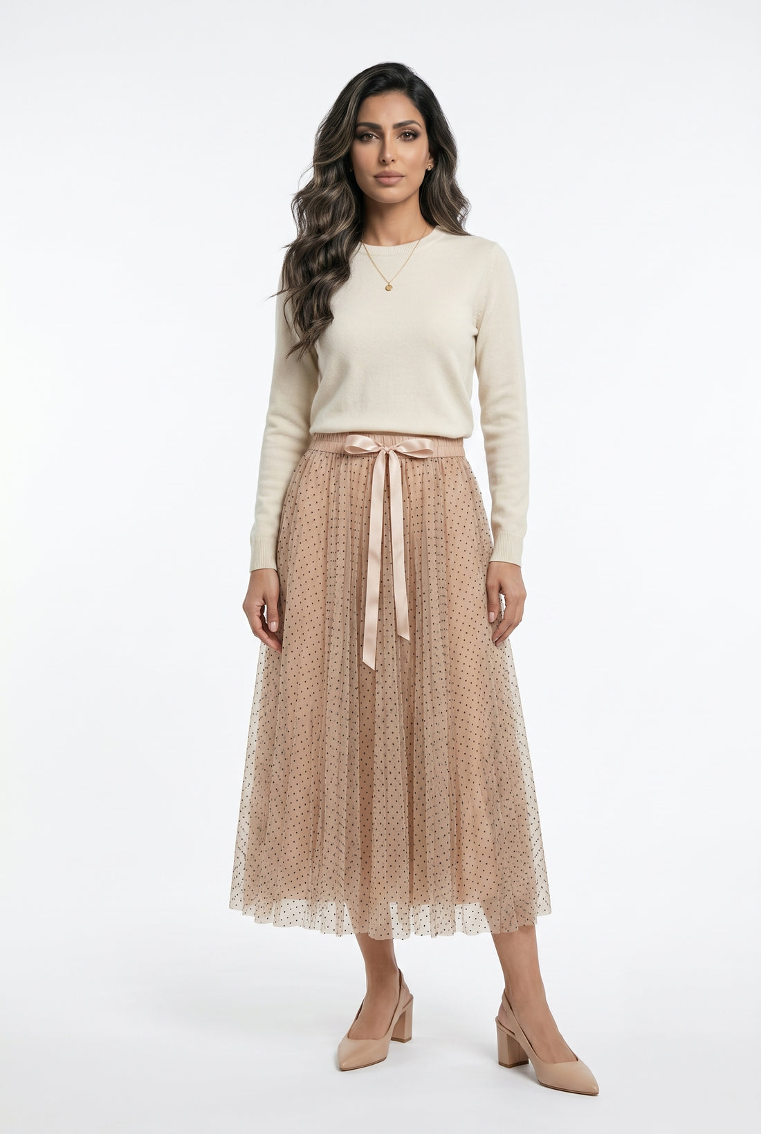 CK08077-3 Black Dot Long Tulle Skirt