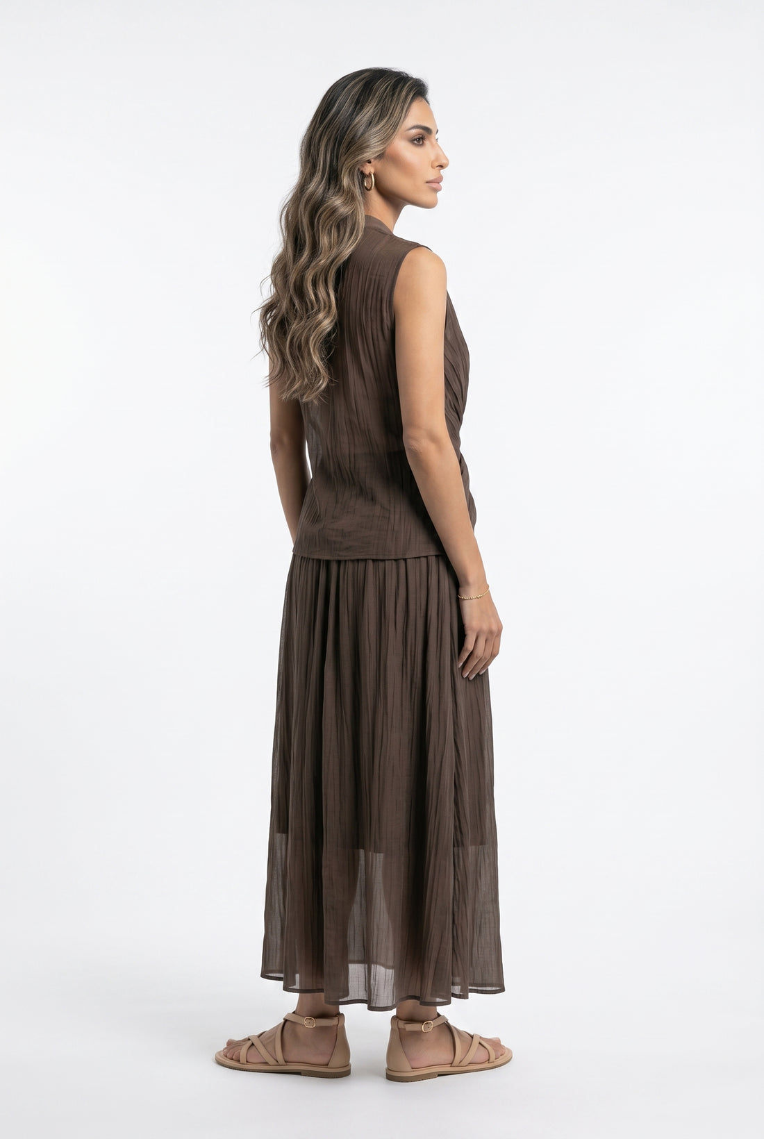 Crinkled Texture Sleeveless Top and Skirt Set 26S-1019/7020 - Brown Loft