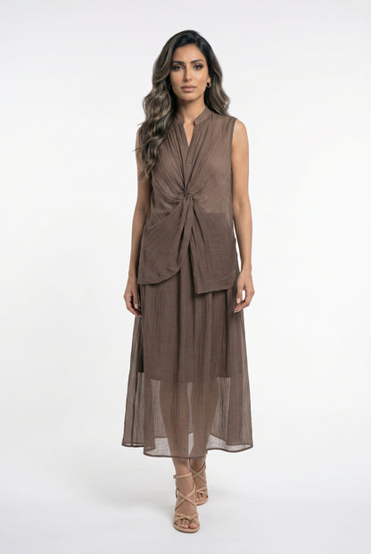 Crinkled Texture Sleeveless Top and Skirt Set 26S-1019/7020 - Brown Loft