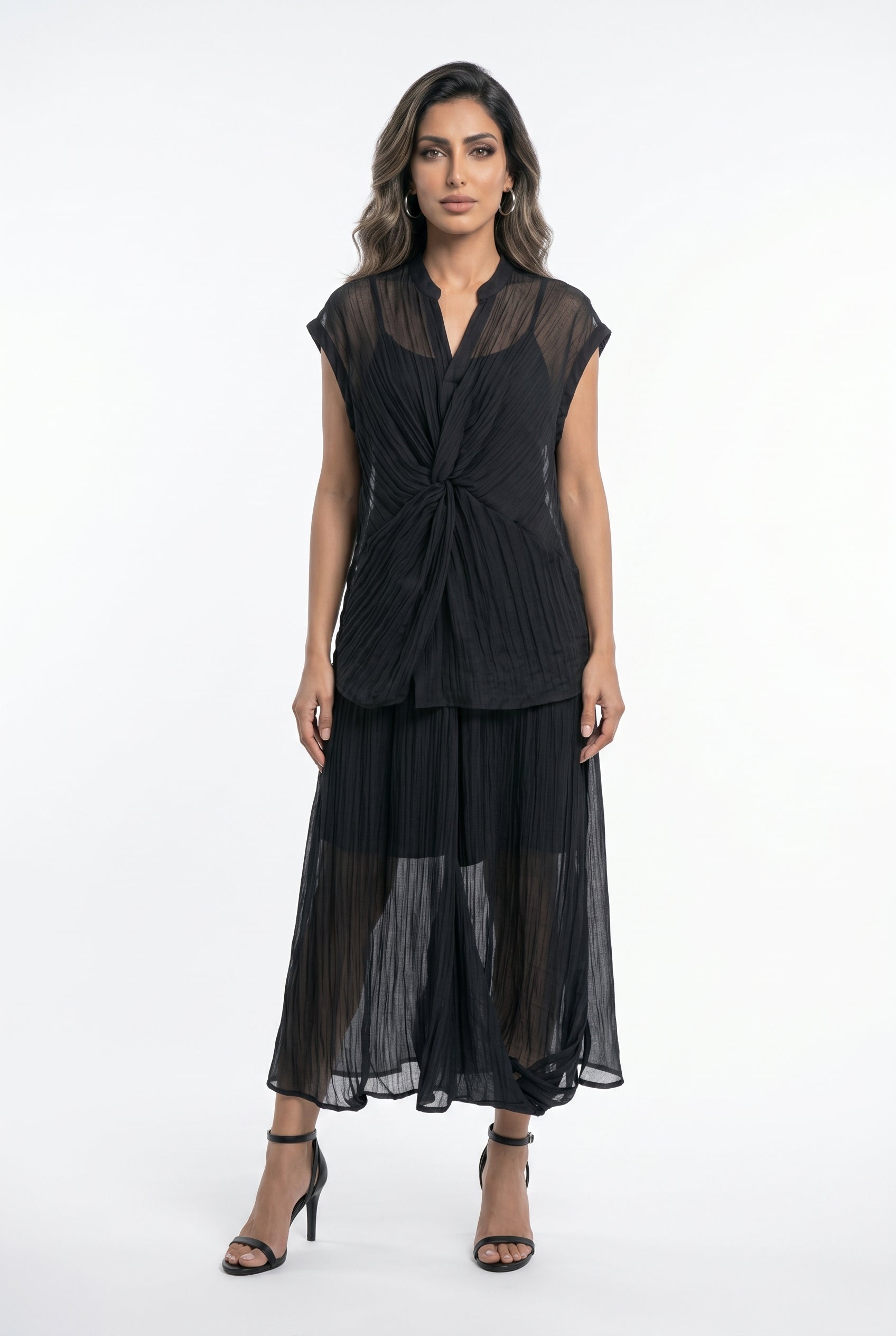 Crinkled Texture Sleeveless Top and Skirt Set 26S-1019/7020 - Brown Loft