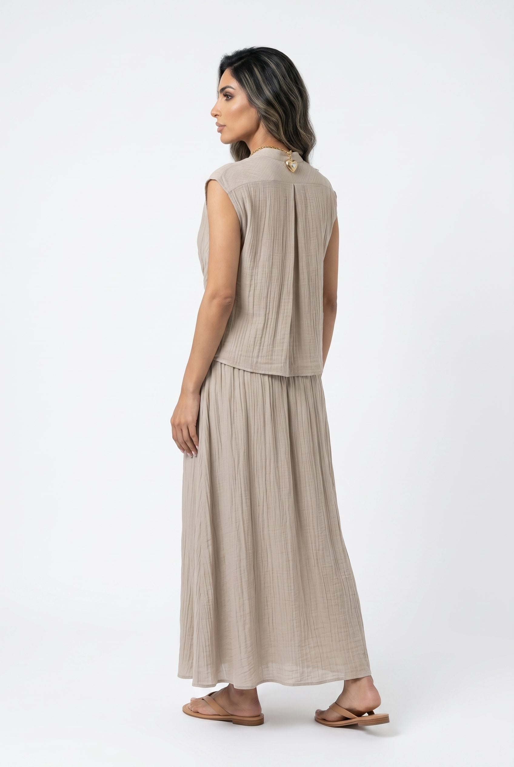 Crinkled Texture Sleeveless Top and Skirt Set 26S-1019/7020 - Brown Loft