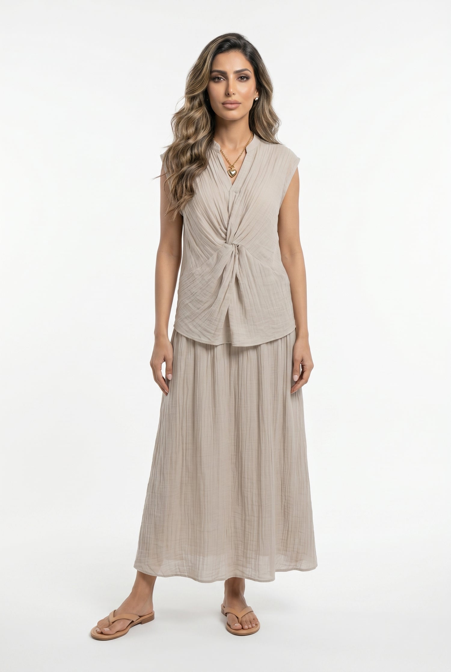 Crinkled Texture Sleeveless Top and Skirt Set 26S-1019/7020 - Brown Loft