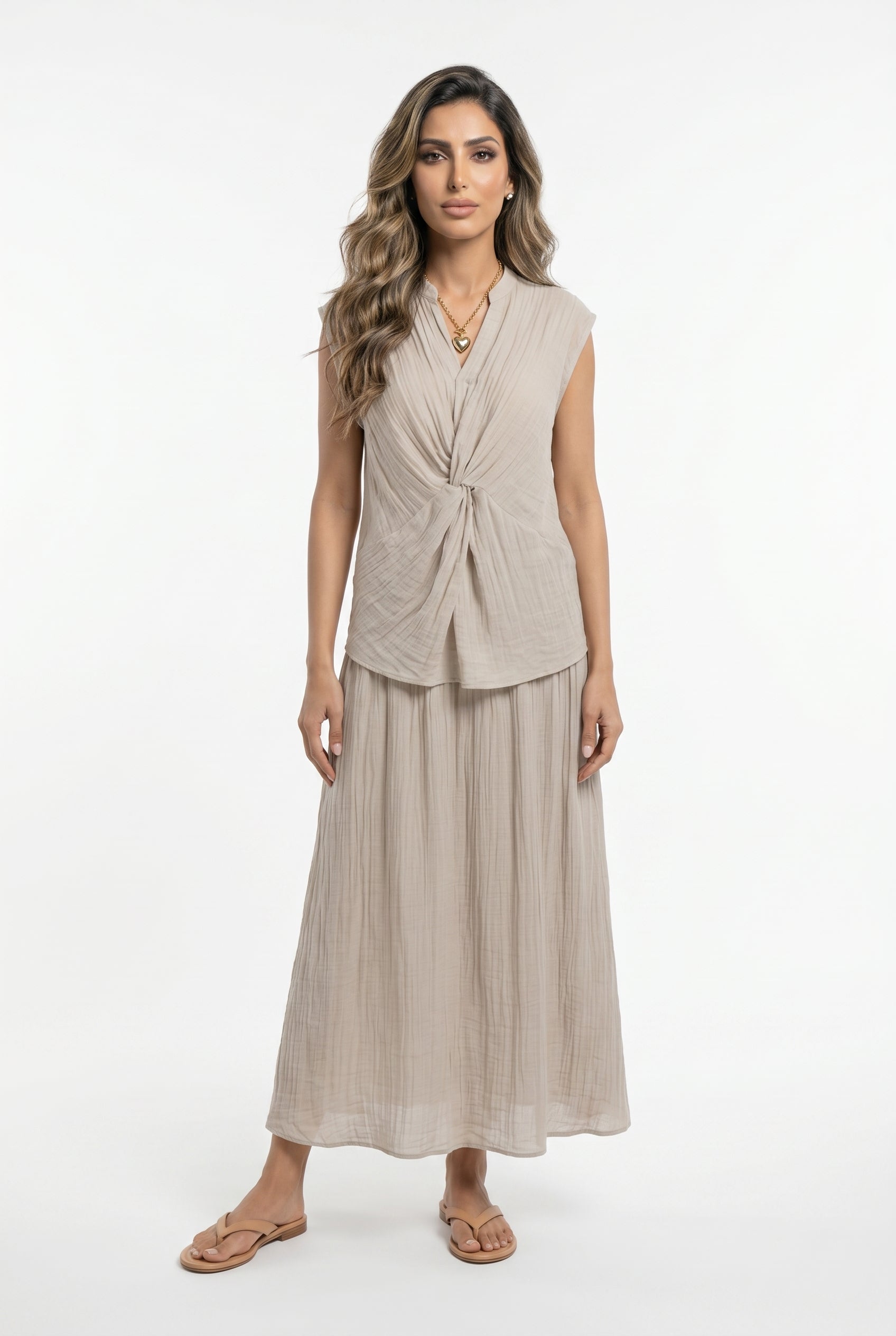 Crinkled Texture Sleeveless Top and Skirt Set 26S-1019/7020 - Brown Loft