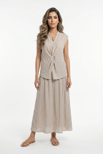 Crinkled Texture Sleeveless Top and Skirt Set 26S-1019/7020 - Brown Loft
