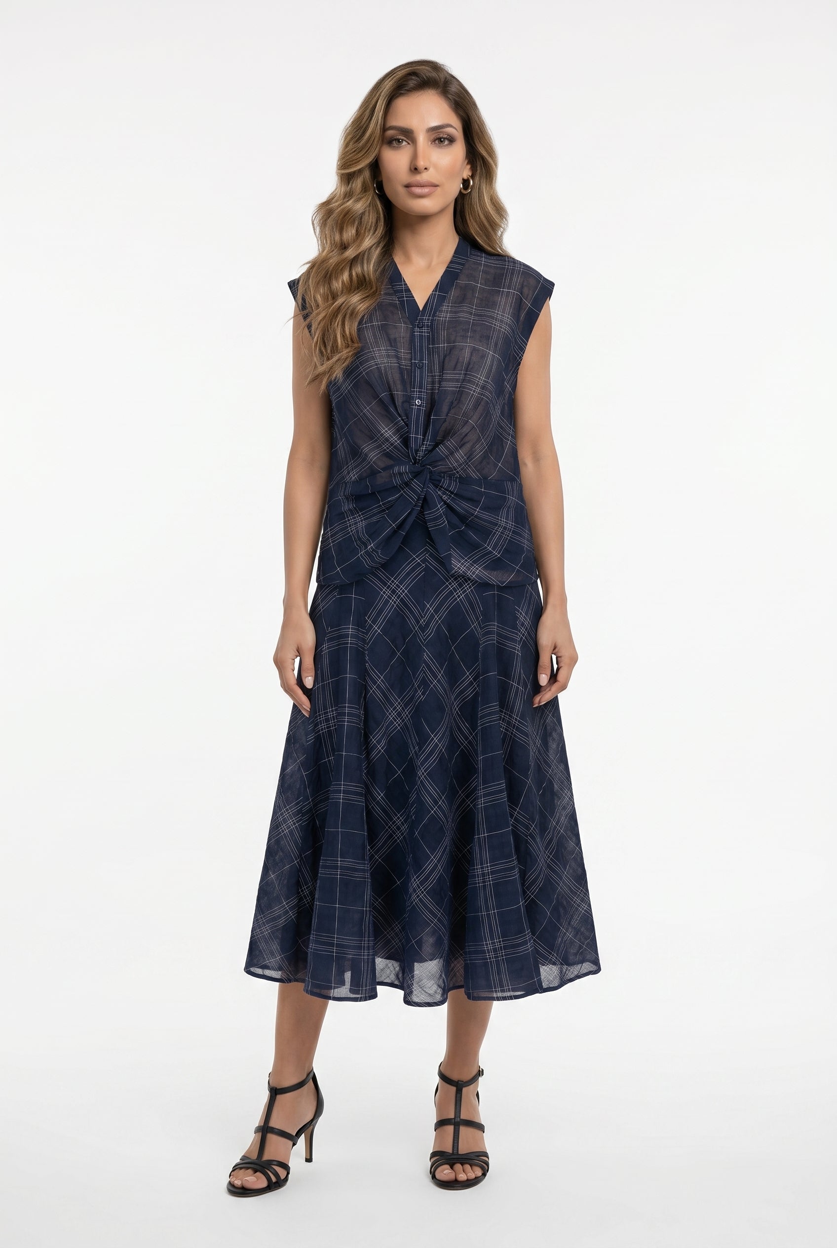 26S-1038/7040 Plaid Knot Sleeveless Top and Pants - Brown Loft