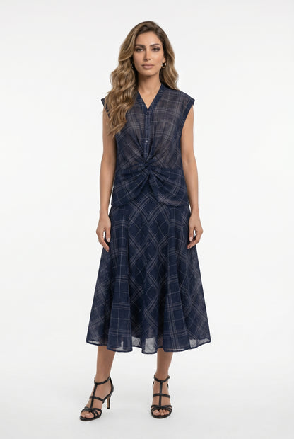 26S-1038/7040 Plaid Knot Sleeveless Top and Pants - Brown Loft