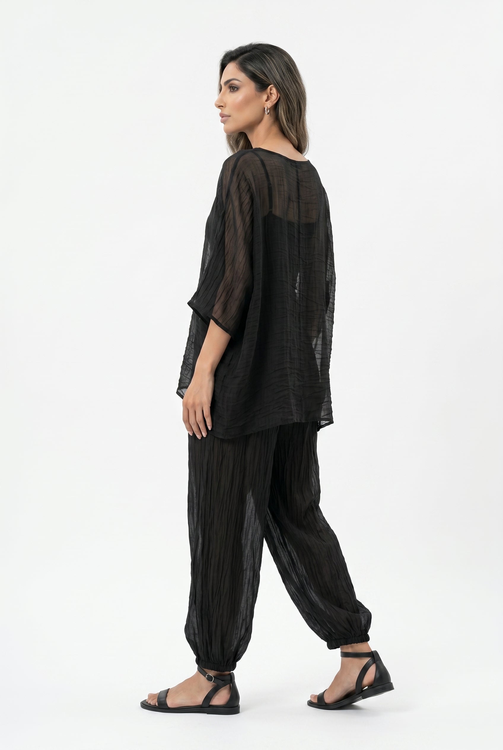 26S-1099 Crinkled Sheer Boxy Top and Pants - Brown Loft