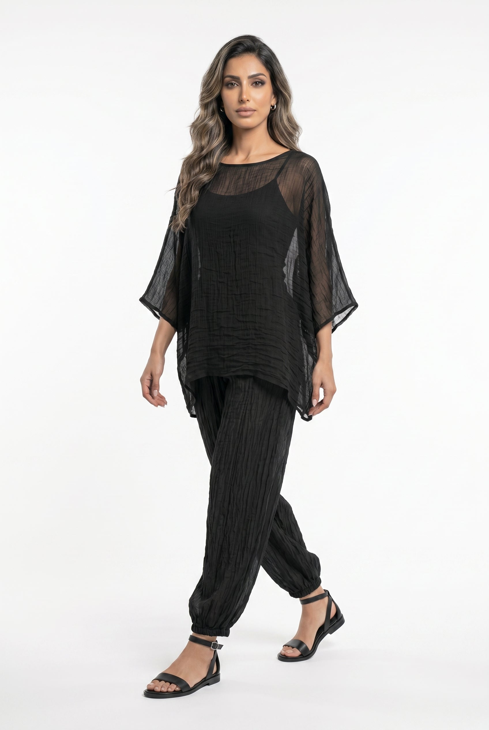 26S-1099 Crinkled Sheer Boxy Top and Pants - Brown Loft