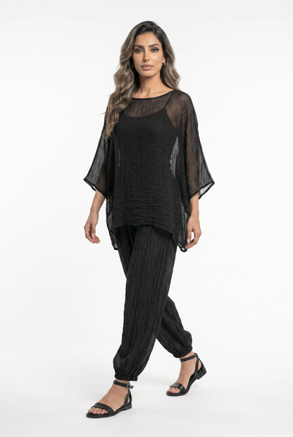 26S-1099 Crinkled Sheer Boxy Top and Pants - Brown Loft