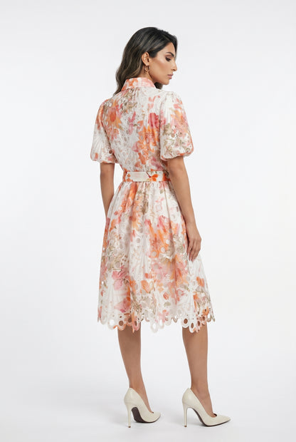 Aude Floral Embroidery Lace Midi Dress - Brown Loft