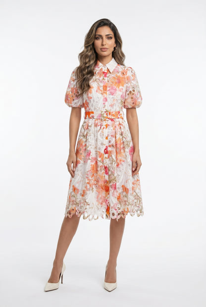 Aude Floral Embroidery Lace Midi Dress - Brown Loft